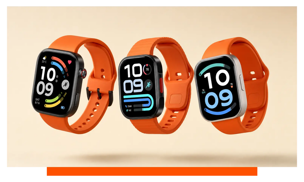 Three smartwatches shown side by side, floating in the studio - Redmi Watch 6 and Redmi Watch 6 Lite and Redmi Watch 6 Active