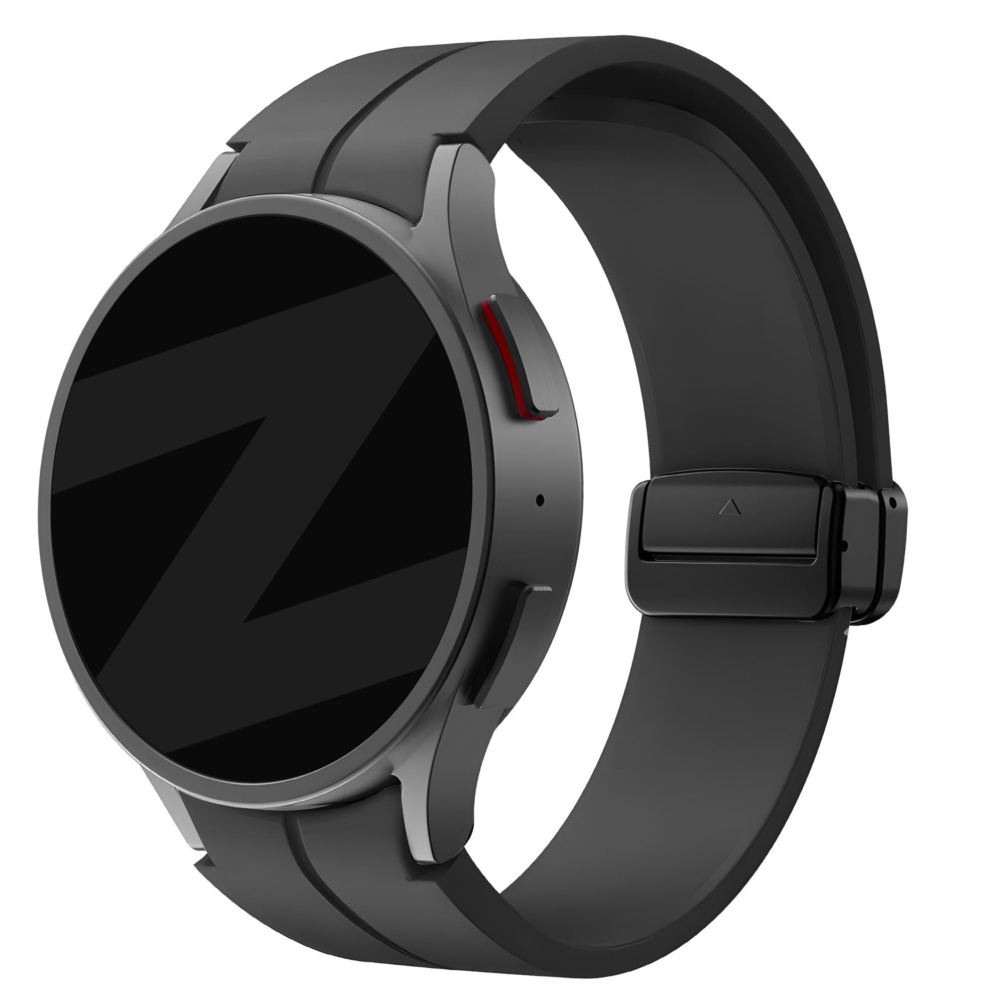 D-Buckle Silicone Strap, black, on a watch, 3/4 front view