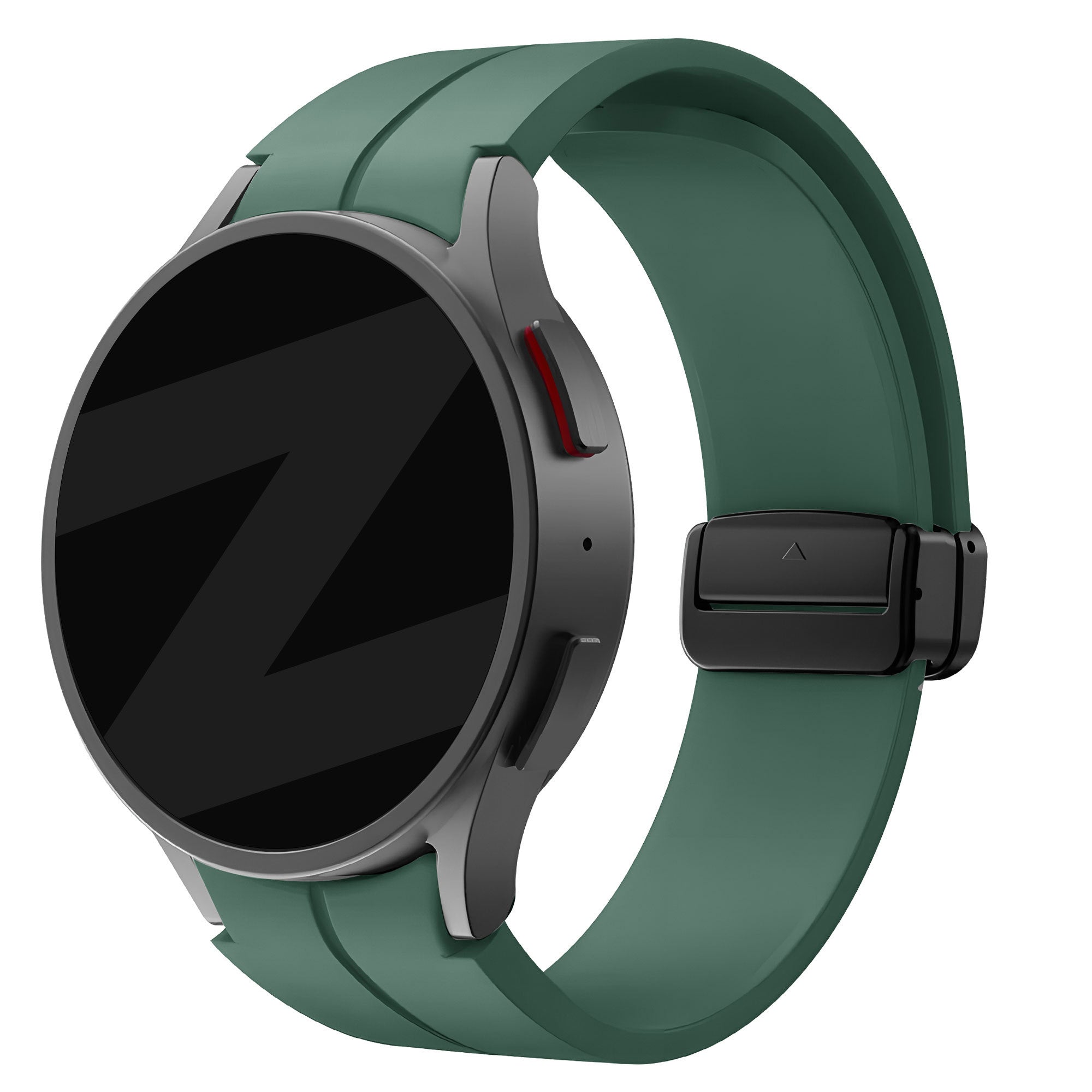 D-Buckle Silicone Strap, dark green, on a watch, 3/4 front view