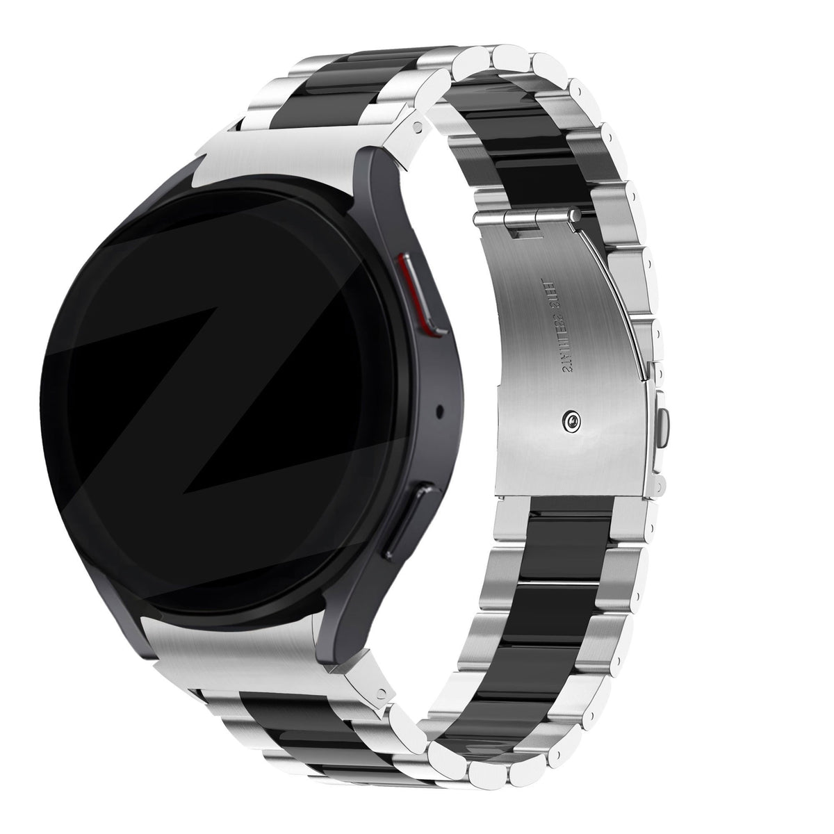Steel Strap 'Classic', silver/black, on a watch, 3/4 front view