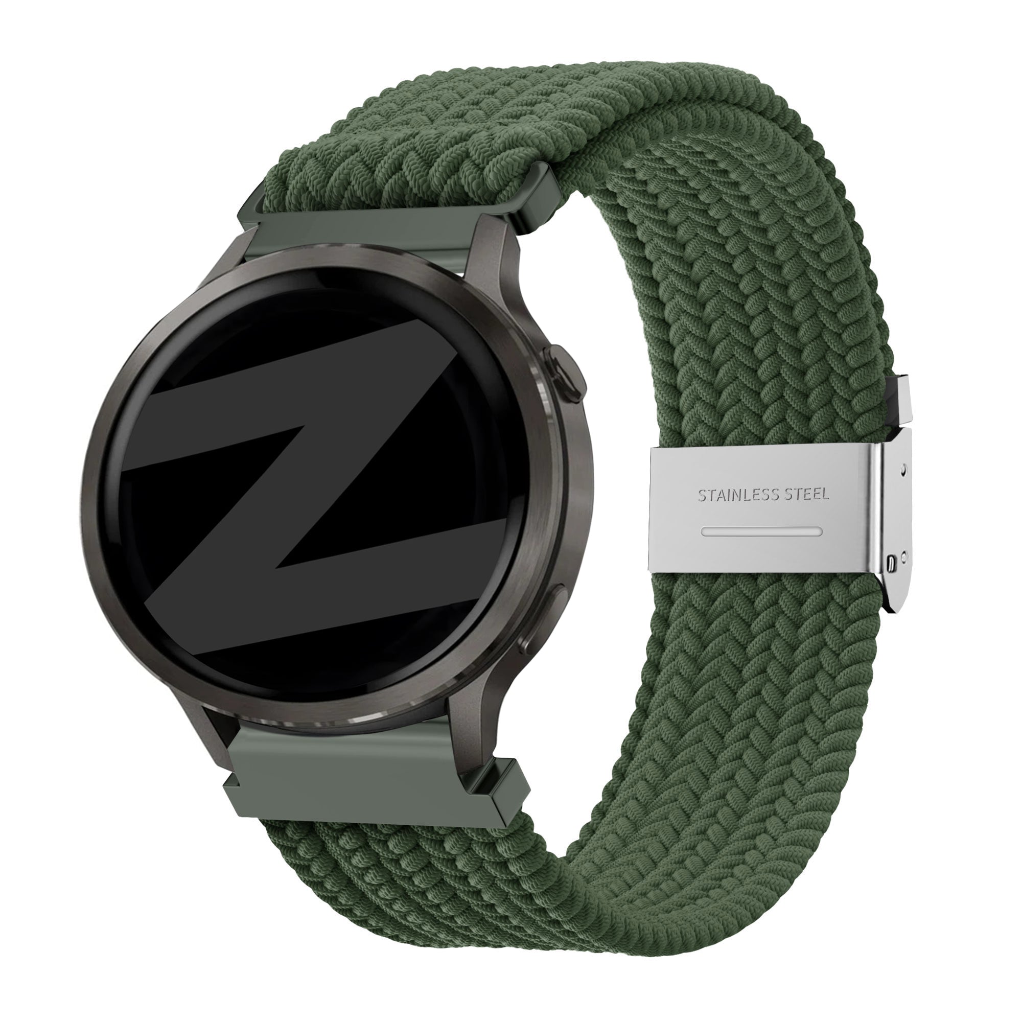 Woven Nylon Strap, olive green, on a watch, 3/4 front view