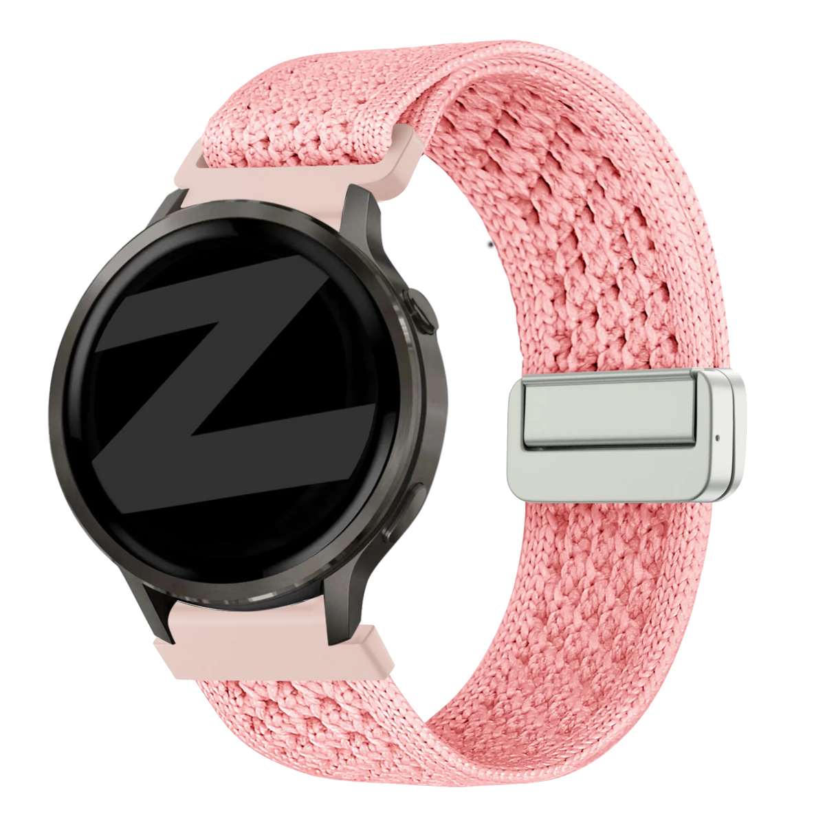 Vintage Nylon Strap, pink, on a watch, 3/4 front view