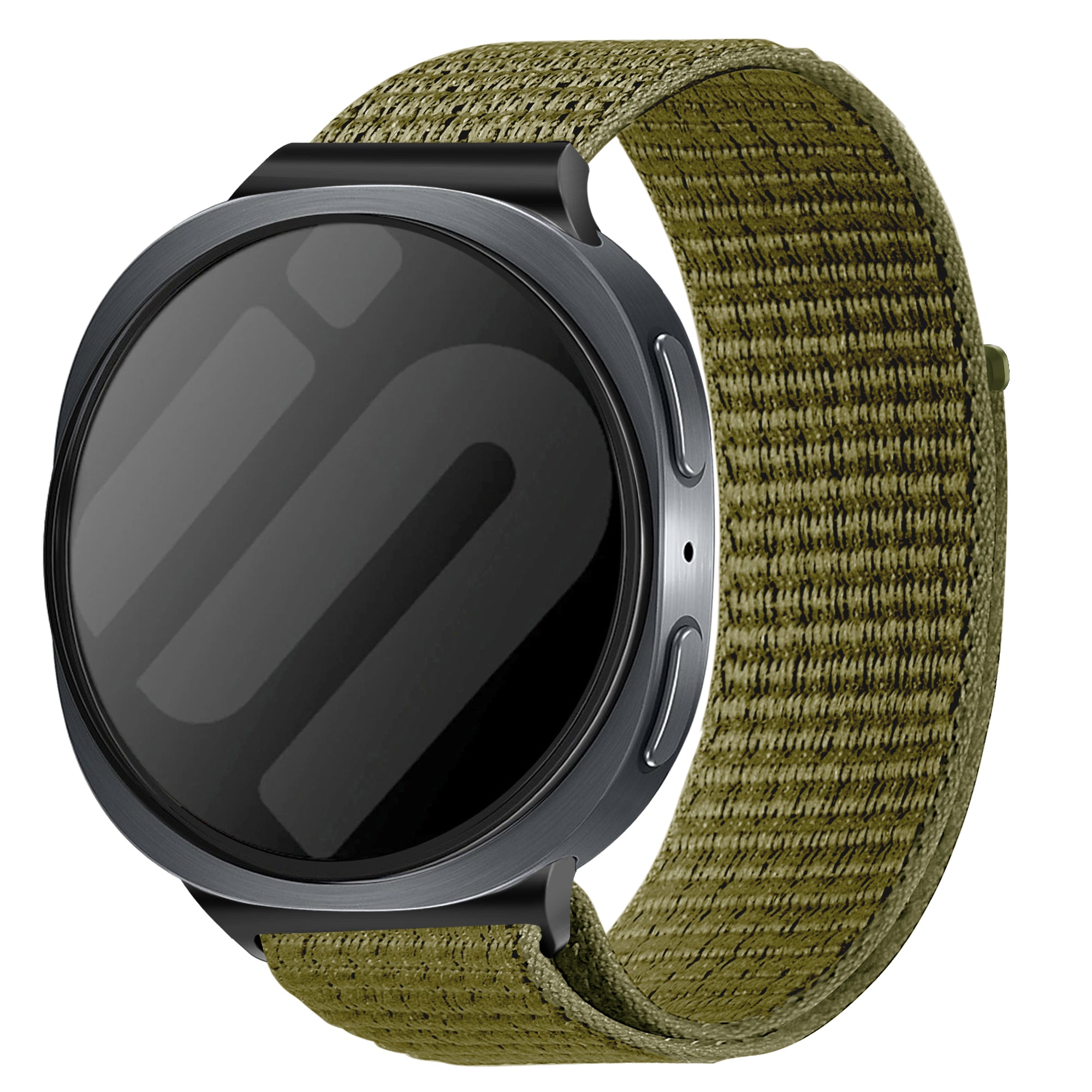 Nylon Strap, olive, on a watch, 3/4 front view