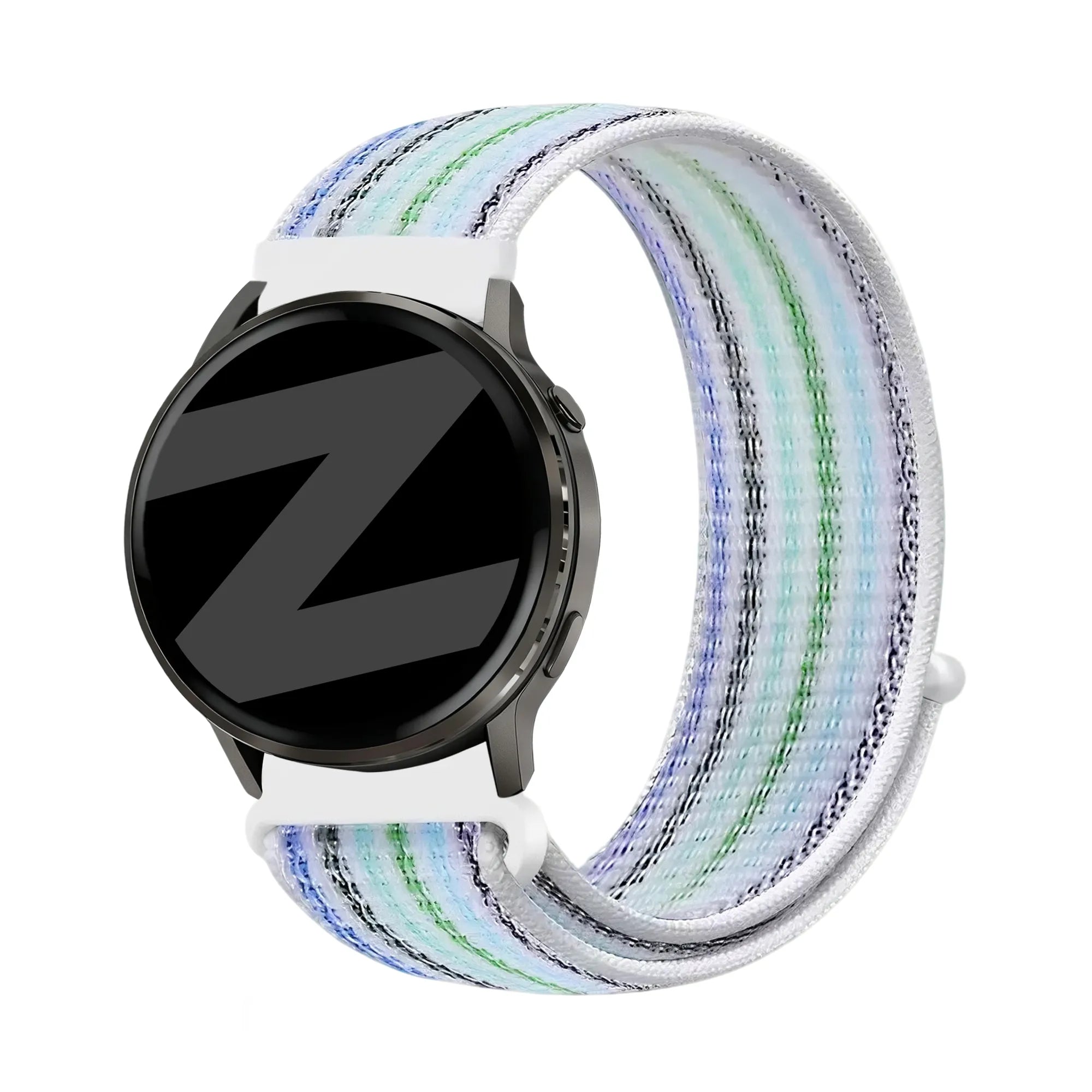 Nylon Loop Strap, blue stripes, on a watch, 3/4 front view