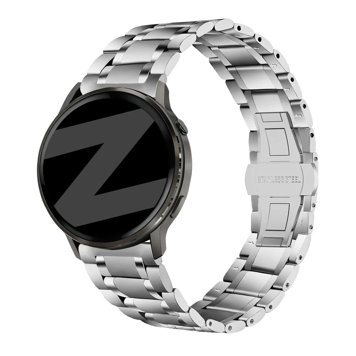 Steel Link Strap 'Deluxe', silver, on a watch, 3/4 front view