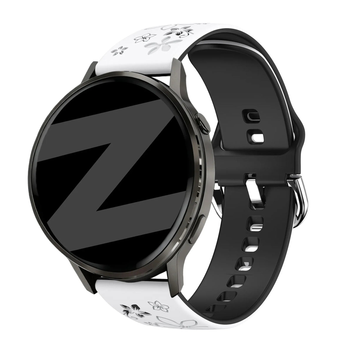 Silicone Strap 'Flowers', on a watch, 3/4 front view