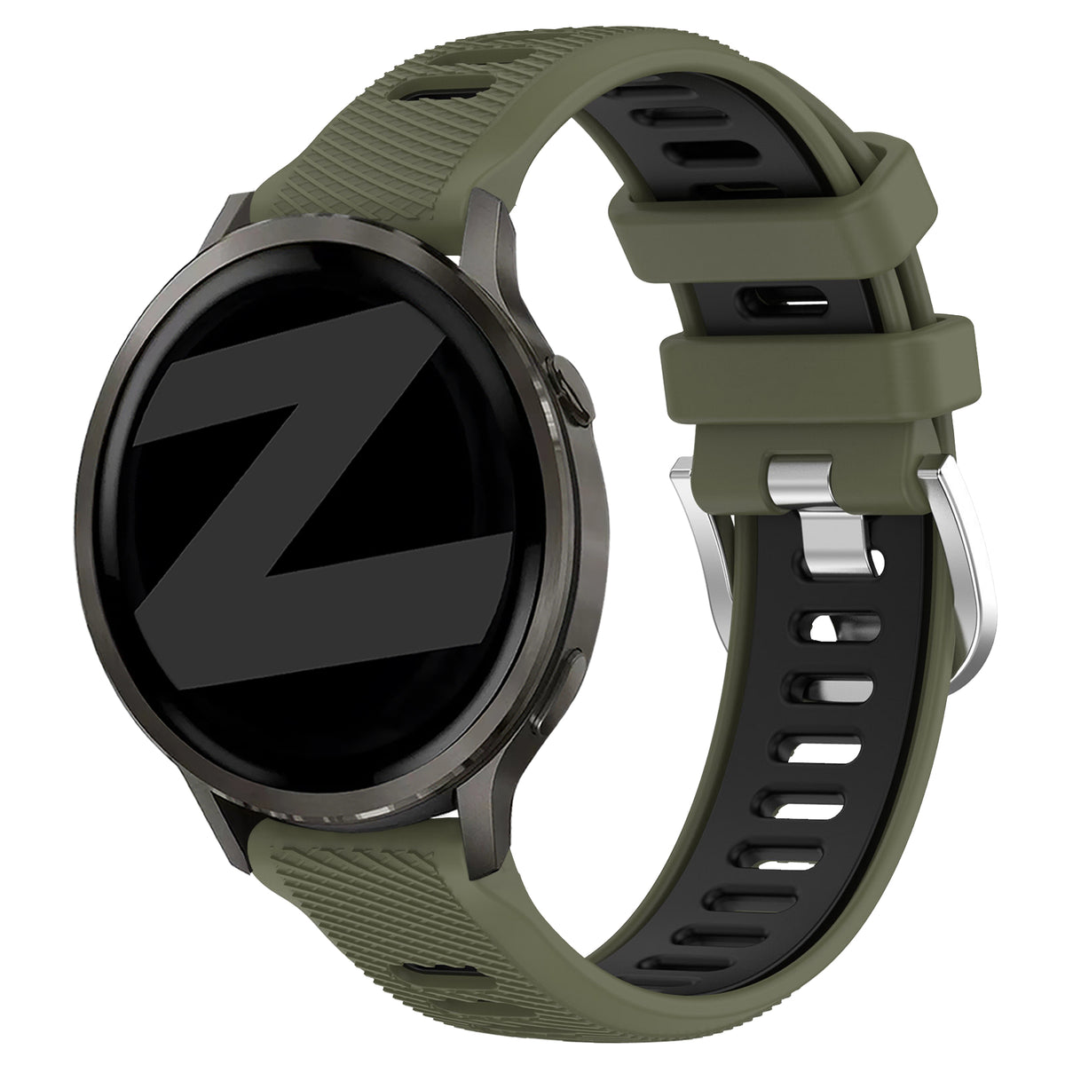 Silicone Buckled dual sport strap, olive green/black, on a watch, 3/4 front view
