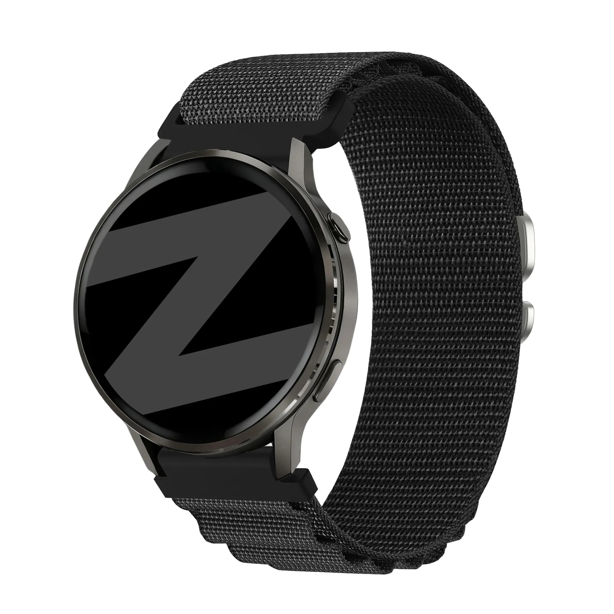 Nylon Alpine Strap, black, on a watch, 3/4 front view