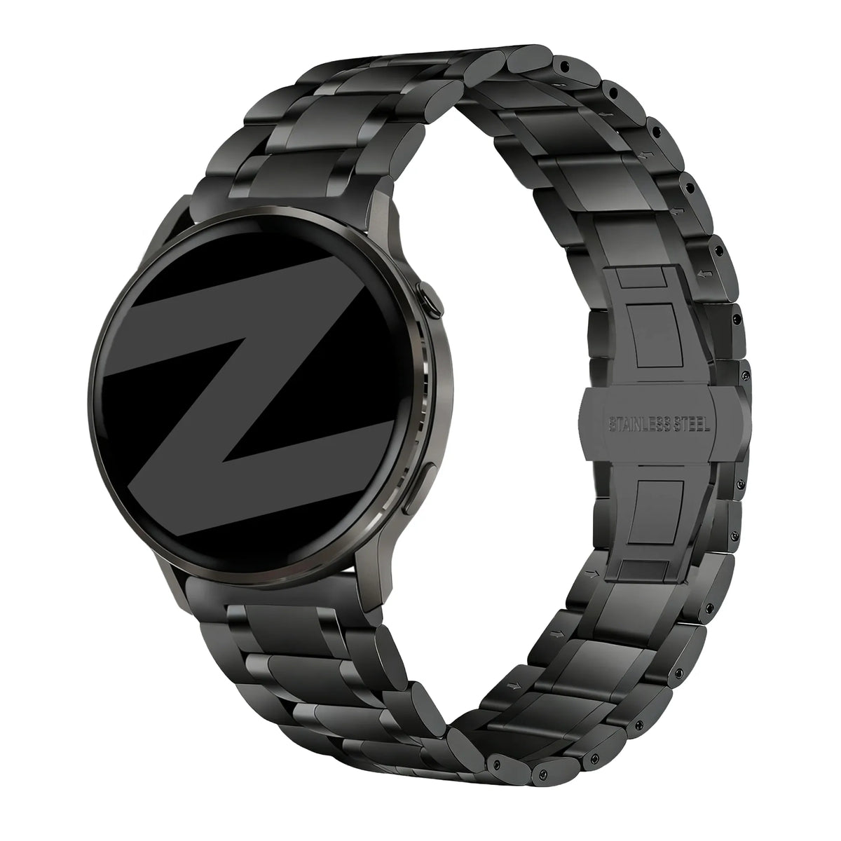 Steel Link Strap 'Deluxe', black, on a watch, 3/4 front view