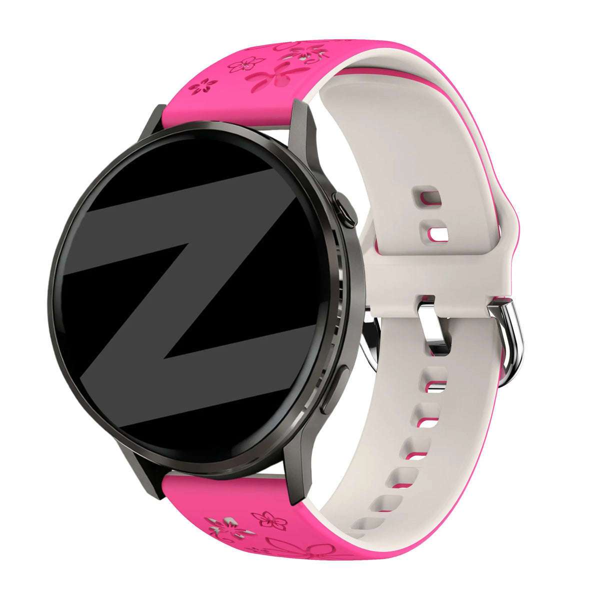 Silicone Strap 'Flowers', bright pink/starlight, on a watch, 3/4 front view