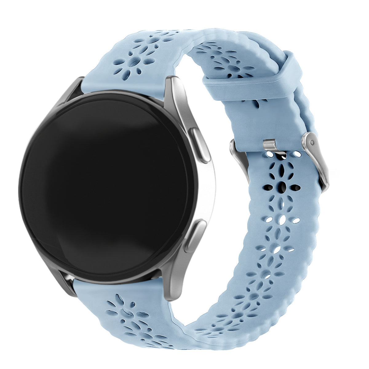 Patterned Silicone Strap, mist blue, on a watch, 3/4 front view