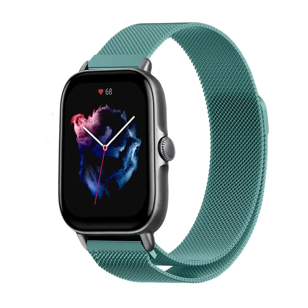 Milanese Strap, green, on a watch, 3/4 front view