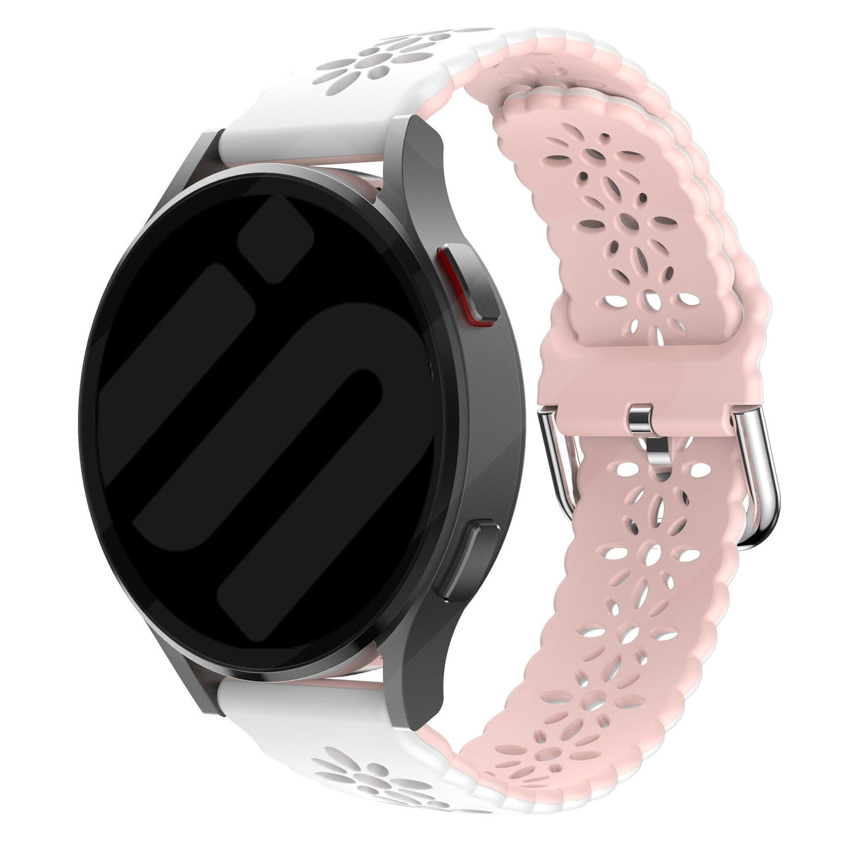 Patterned Silicone Strap, white/pink, on a watch, 3/4 front view