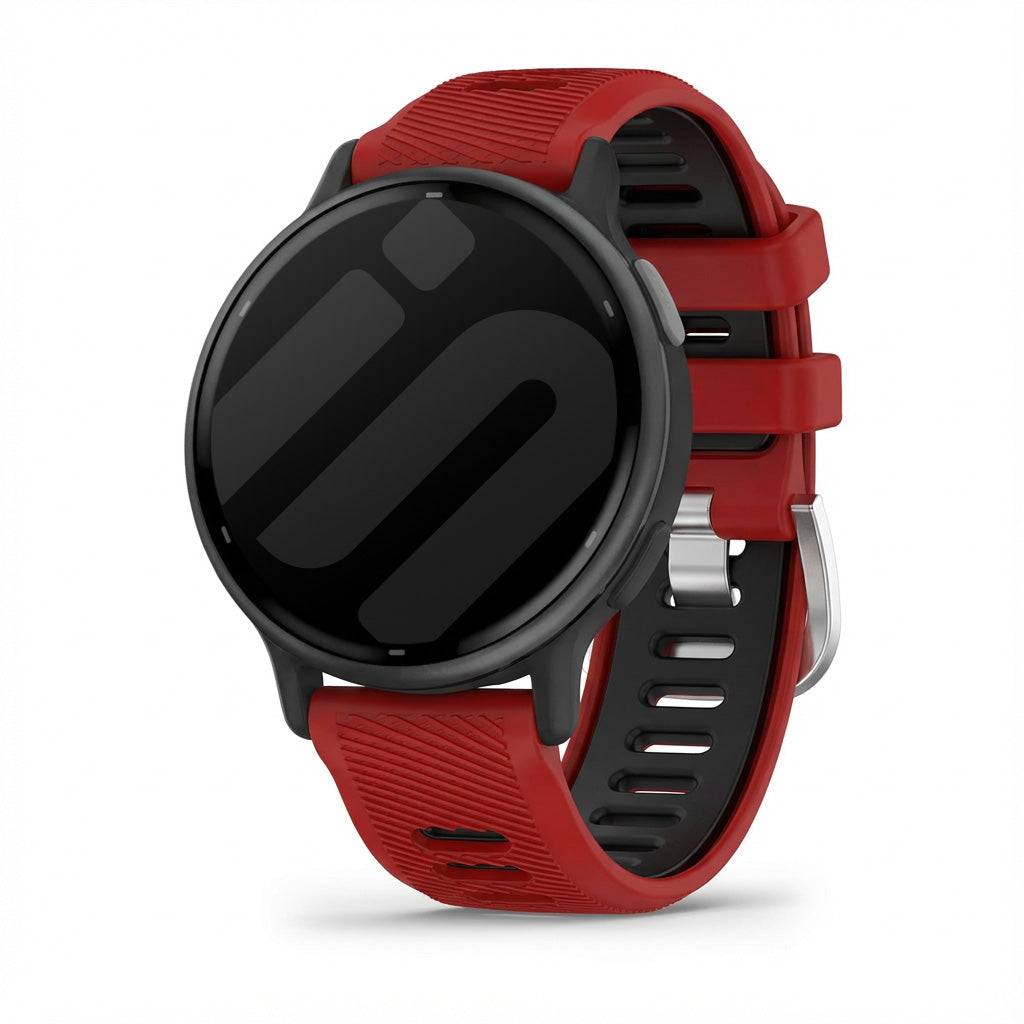 Silicone Buckled Sport Strap, red/black, on a watch, 3/4 front view