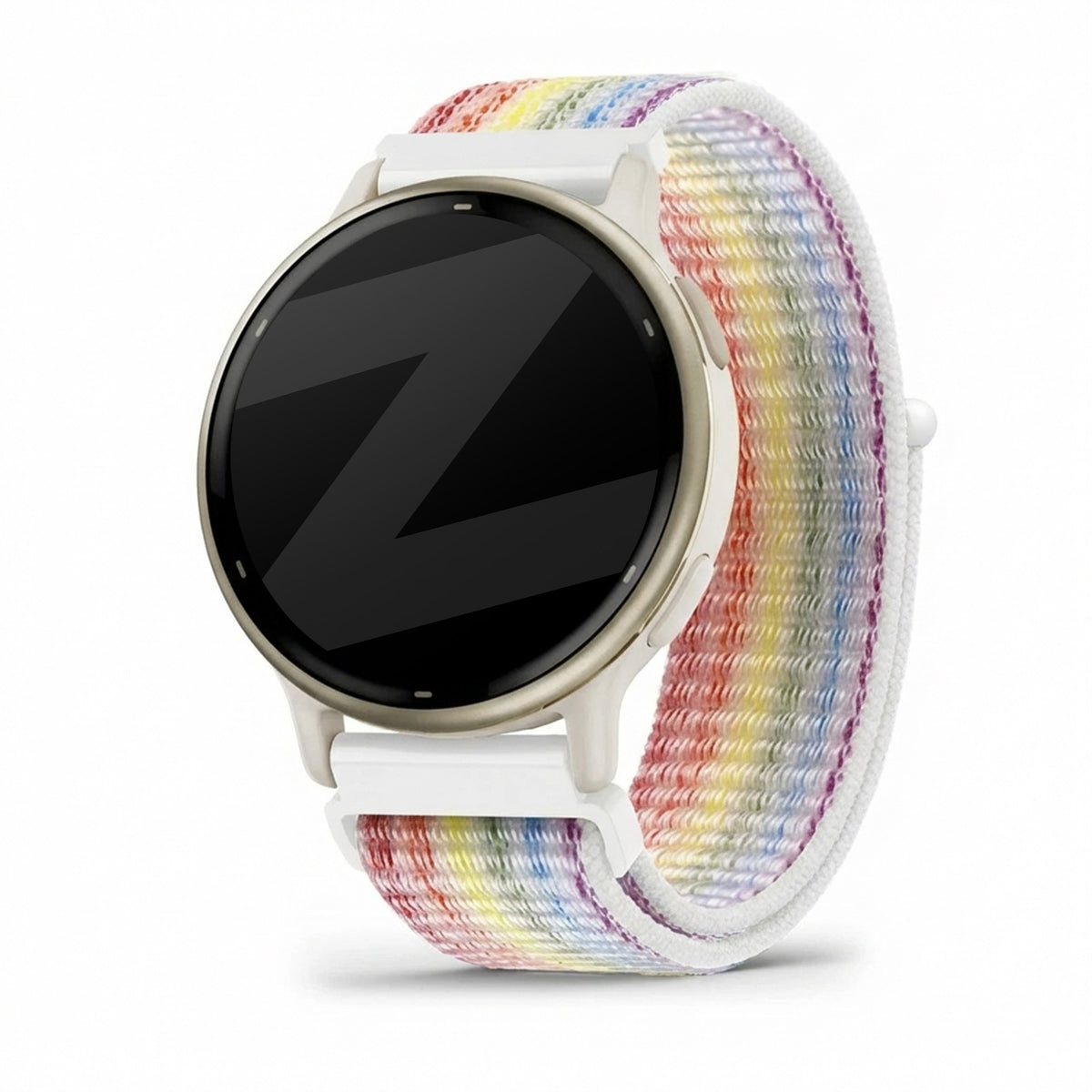 Nylon Loop Strap, multicolour, on a watch, 3/4 front view