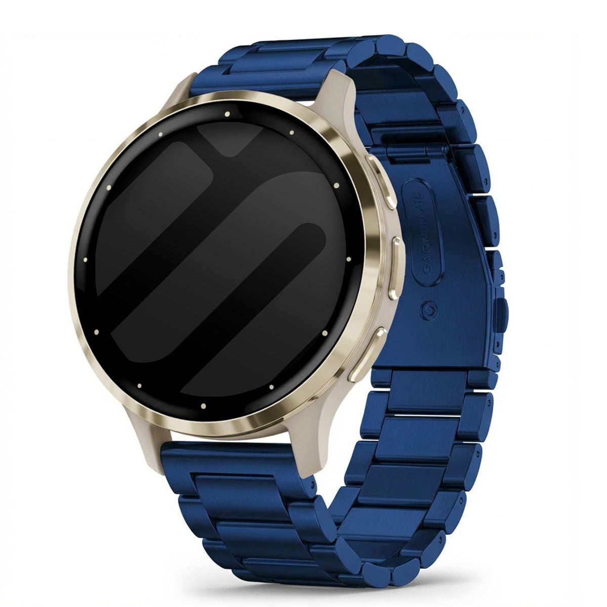 Steel Strap, blue, on a watch, 3/4 front view