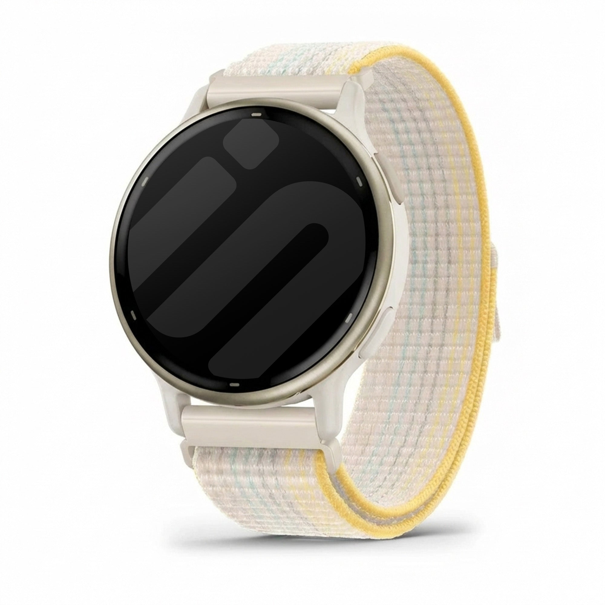Nylon Strap, starlight mix, on a watch, 3/4 front view