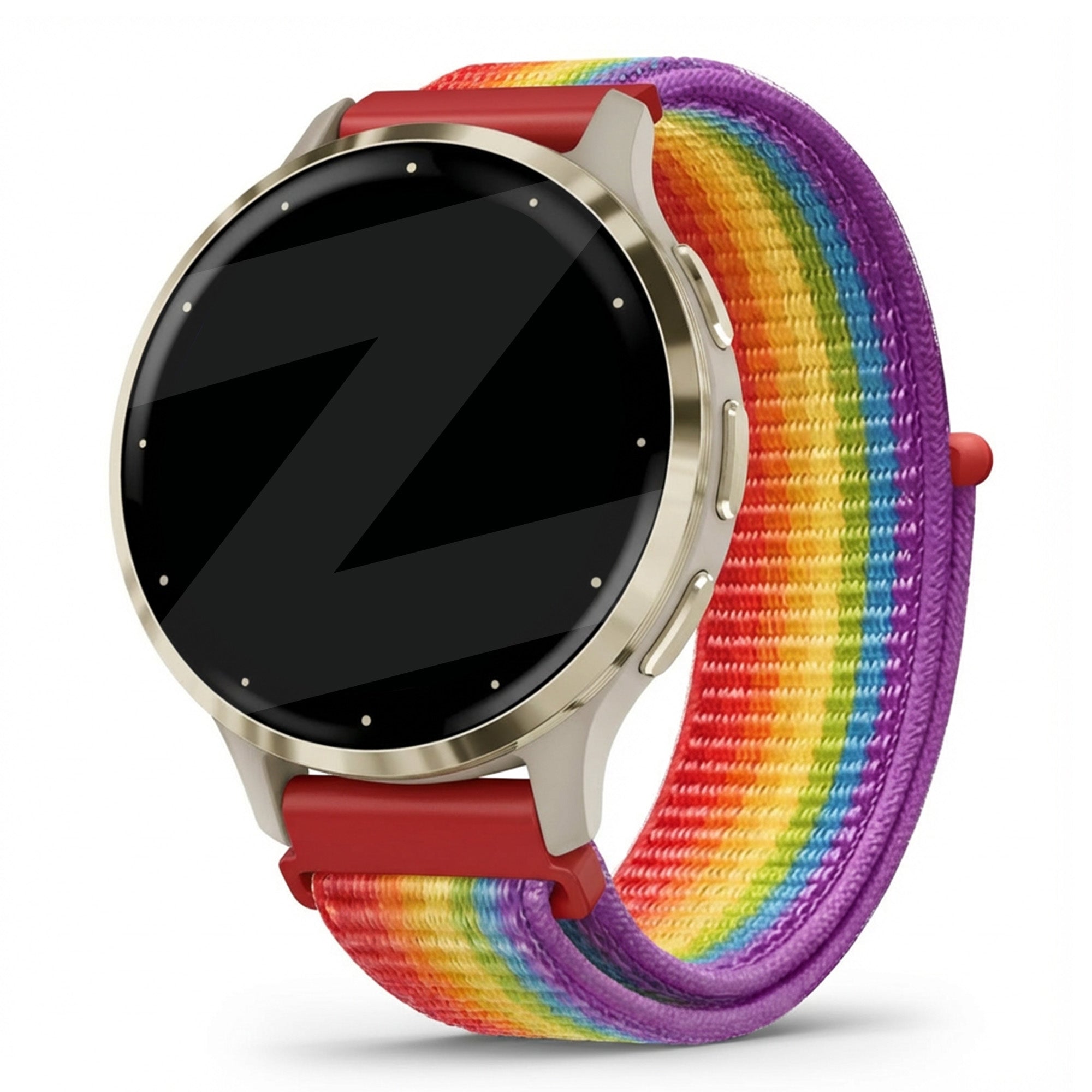 Nylon Loop Strap, rainbow, on a watch, 3/4 front view