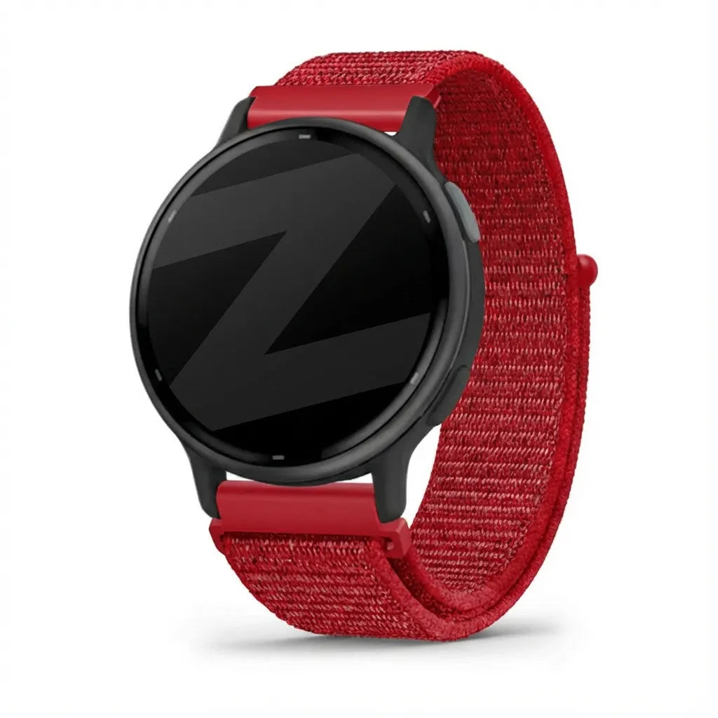Nylon Loop Strap, red, on a watch, 3/4 front view