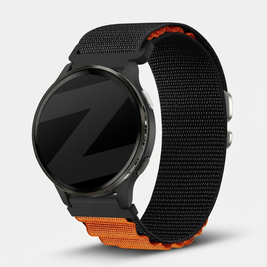 Nylon Alpine Strap, black/orange, on a watch, 3/4 front view