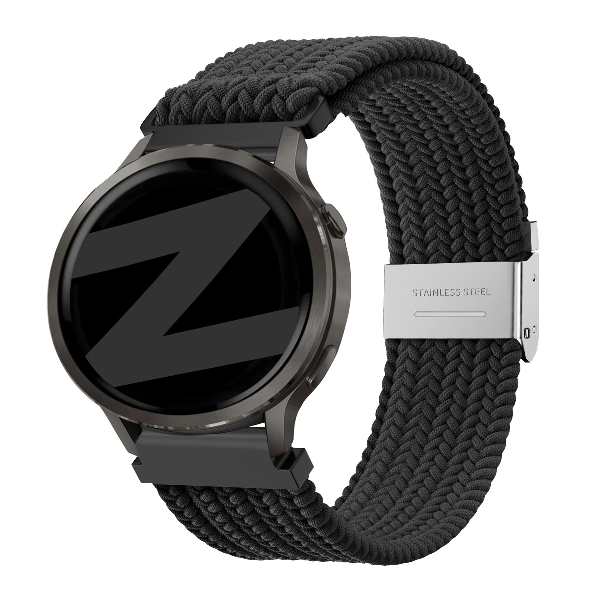Woven Nylon Strap, black, on a watch, 3/4 front view