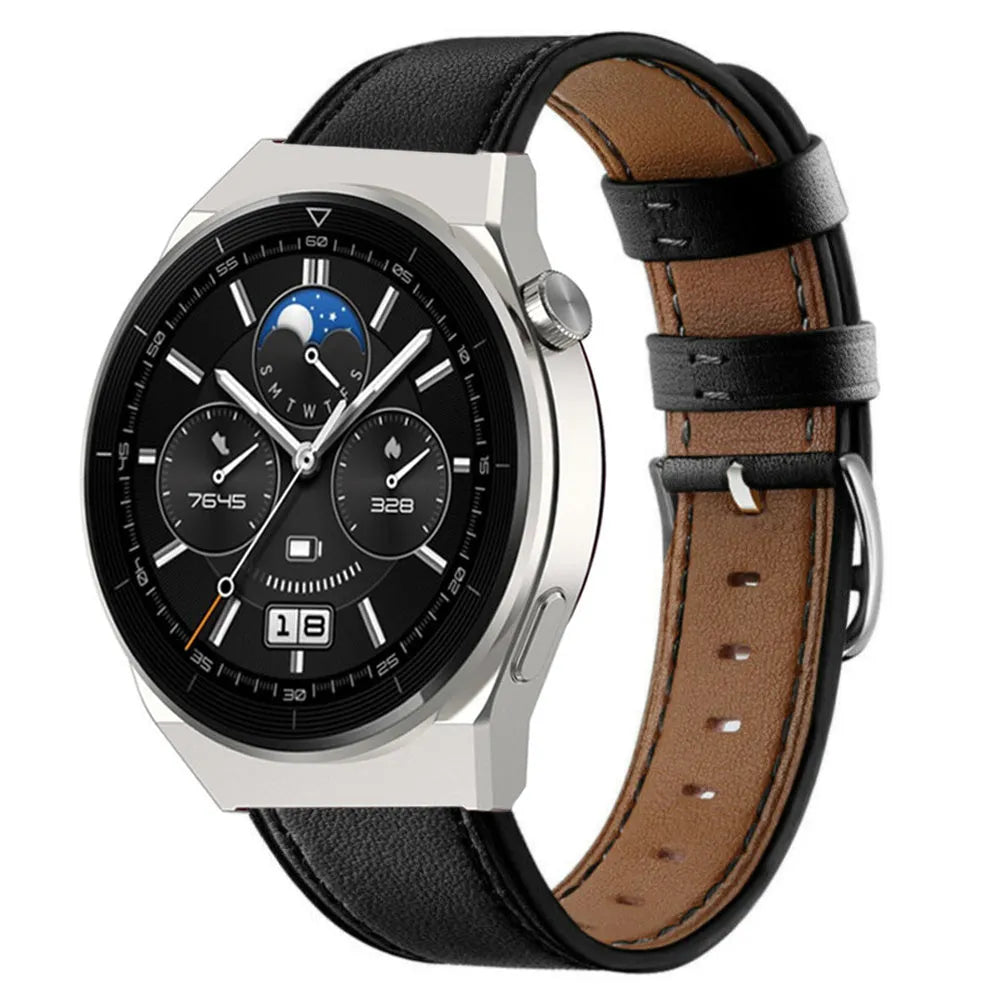 Modern Leather Strap, black, on a watch, 3/4 front view