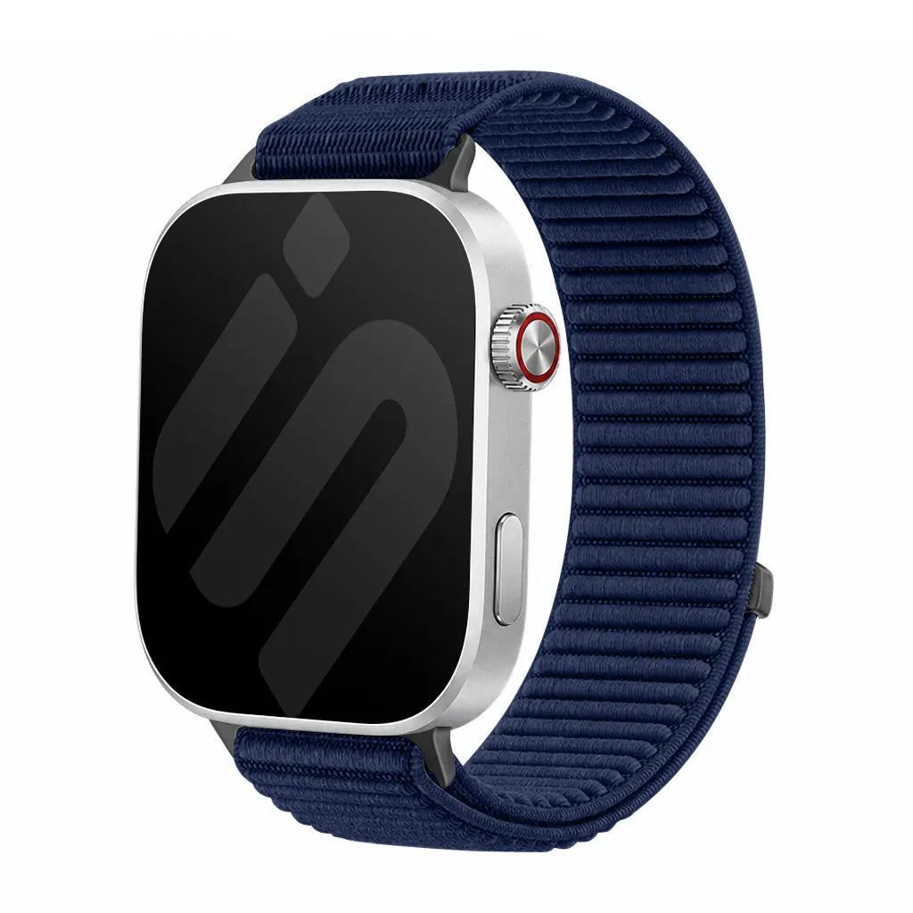 Wave Nylon Strap, dark blue, on a watch, 3/4 front view