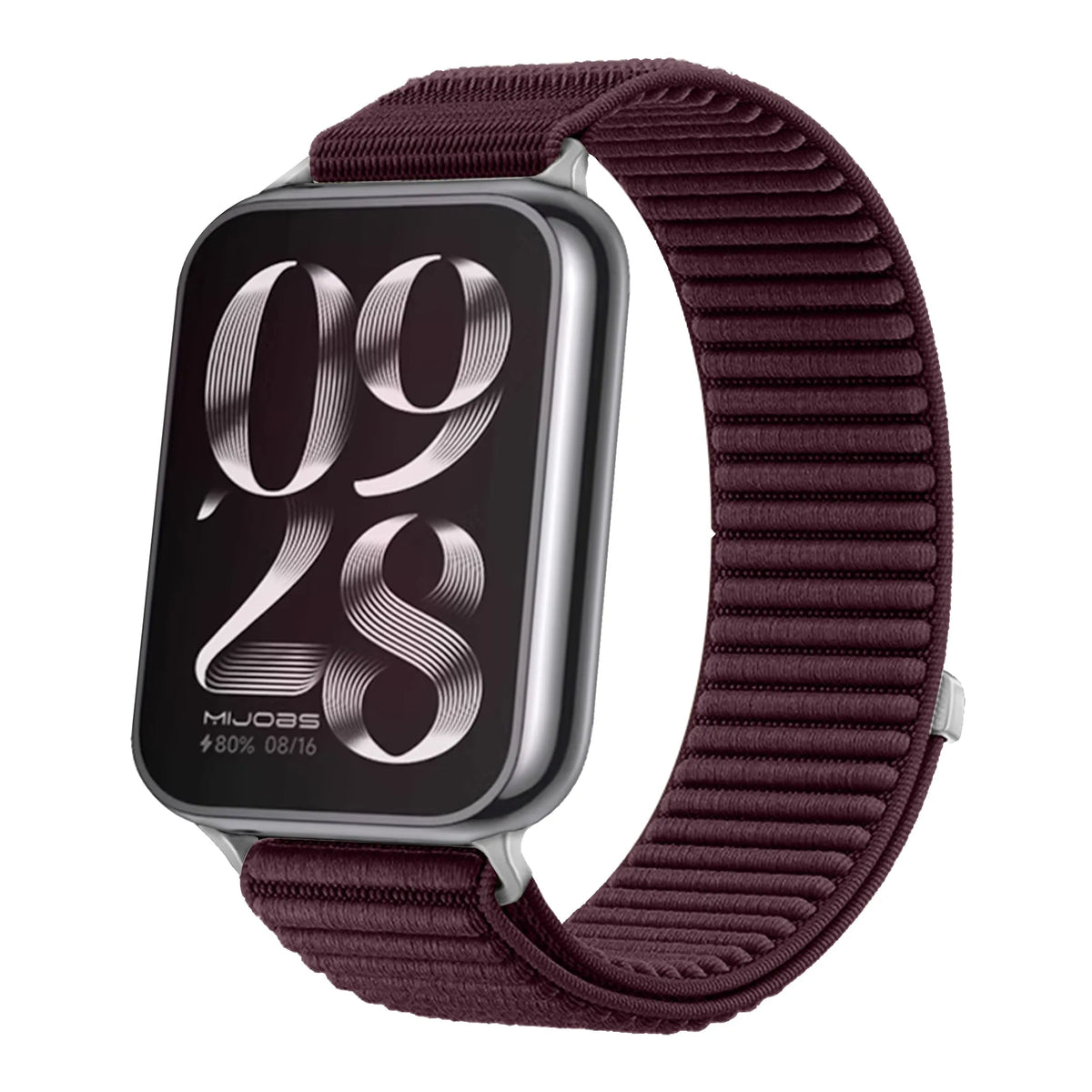 Wave Nylon Strap, plum, on a watch, 3/4 front view