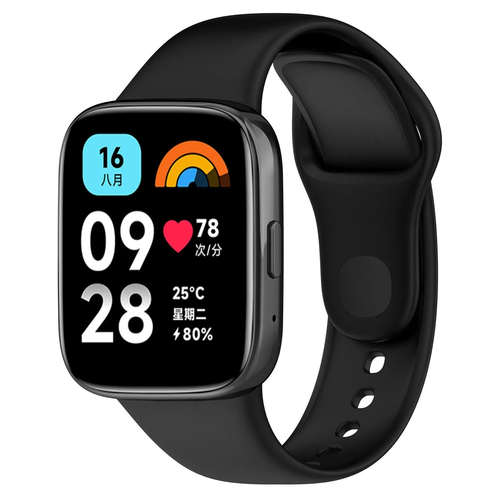 Silicone Strap, black, on a watch, 3/4 front view