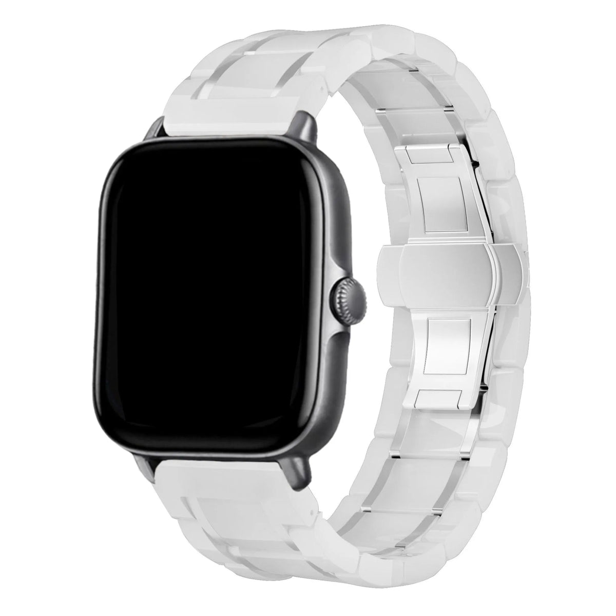 Metal Ceramic Link Strap, white/silver, on a watch, 3/4 front view