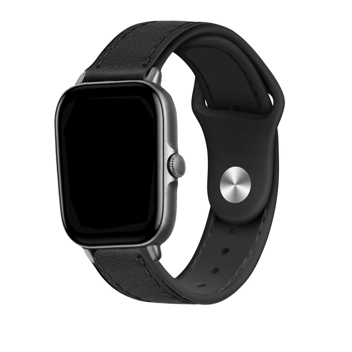 Leather Hybrid Strap, black, on a watch, 3/4 front view
