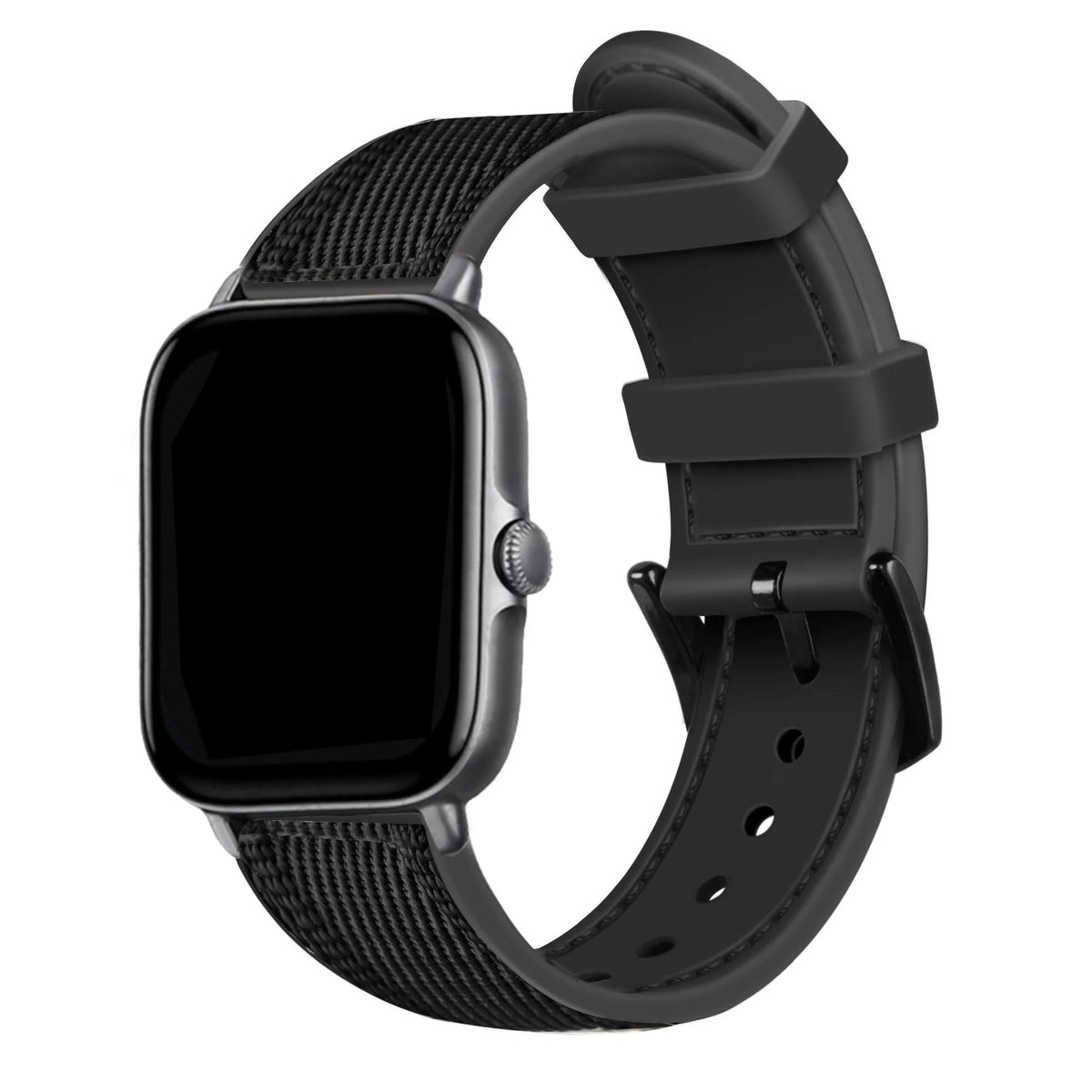 Nylon Hybrid Strap, black, on a watch, 3/4 front view