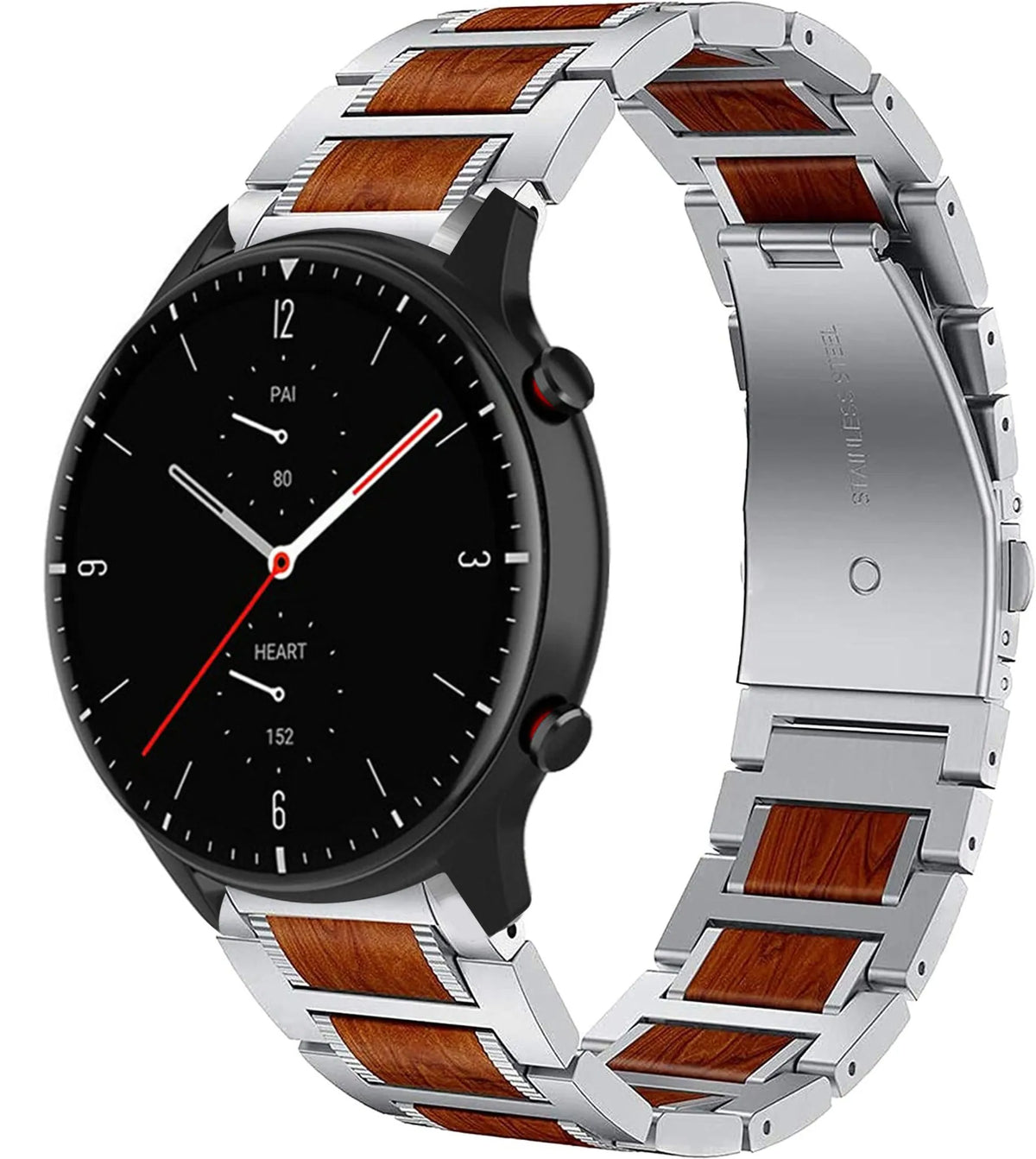 Wood Steel Strap, silver, on a watch, 3/4 front view