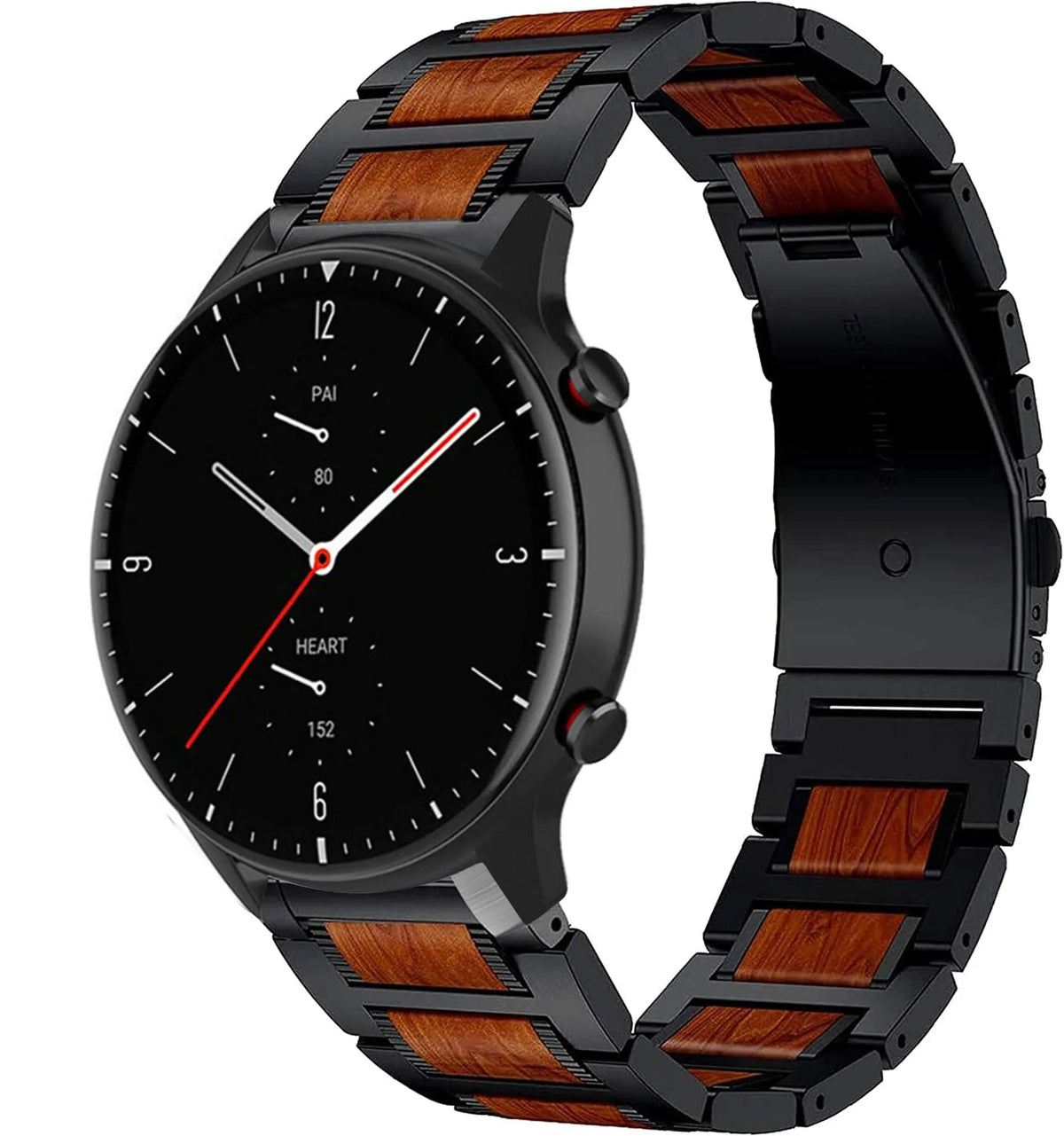 Wood Steel Strap, black, on a watch, 3/4 front view