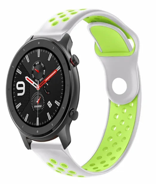 Silicone Sport Strap, grey/yellow, on a watch, 3/4 front view