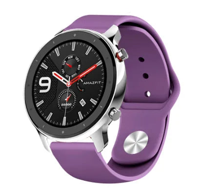 Silicone Sport Strap, purple, on a watch, 3/4 front view
