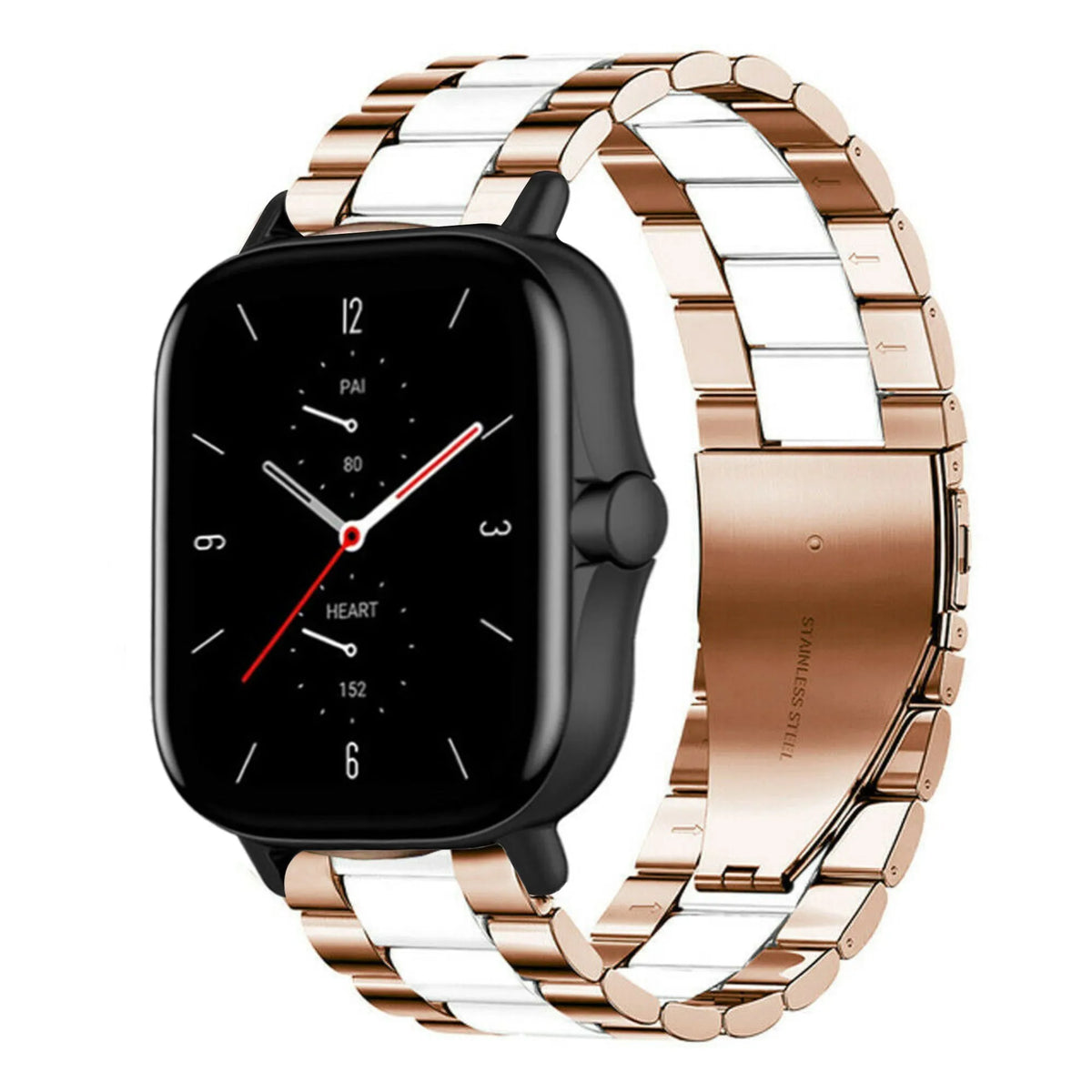 Steel Strap, rose gold/white, on a watch, 3/4 front view