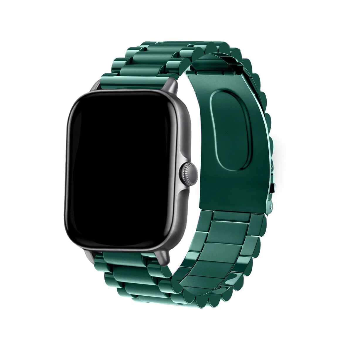 Steel Strap, green, on a watch, 3/4 front view