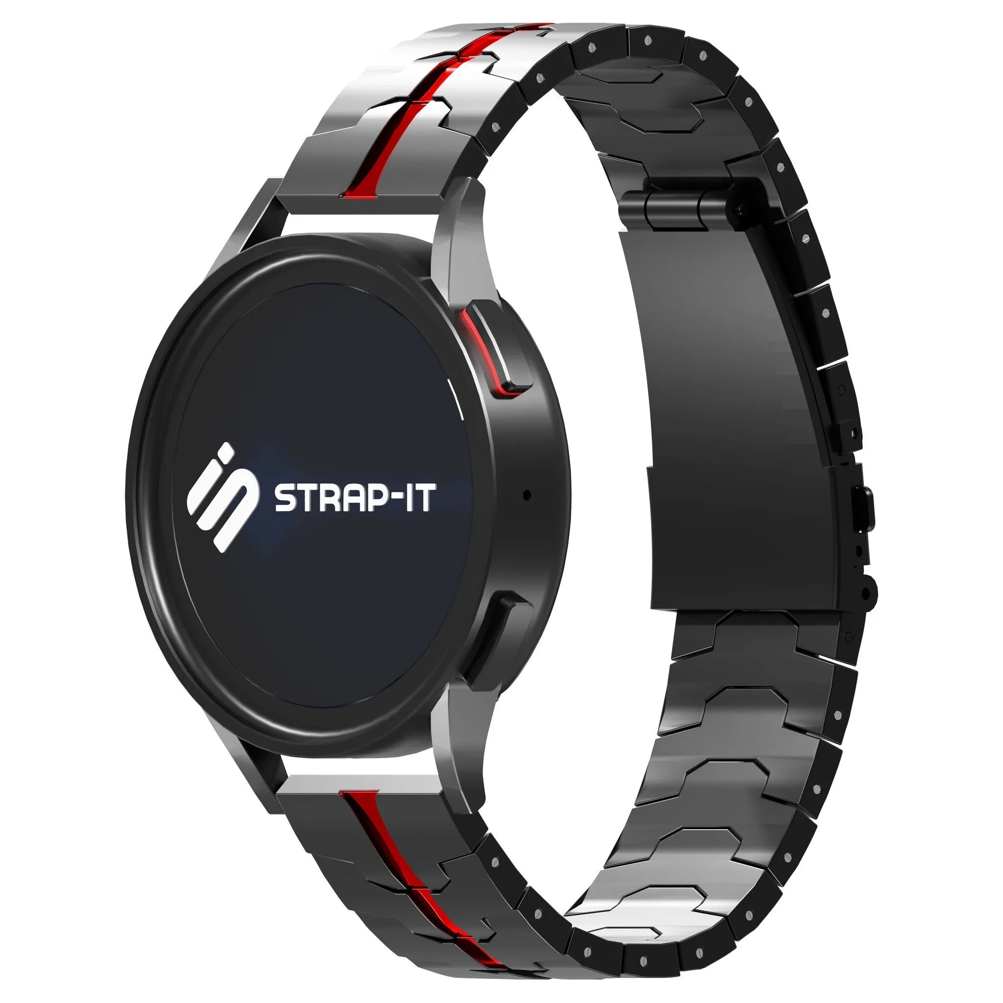 Steel Iron Strap, black/red, on a watch, 3/4 front view