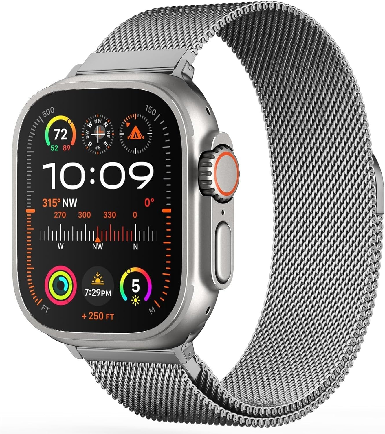 Milanese Strap, titanium, on a watch, 3/4 front view