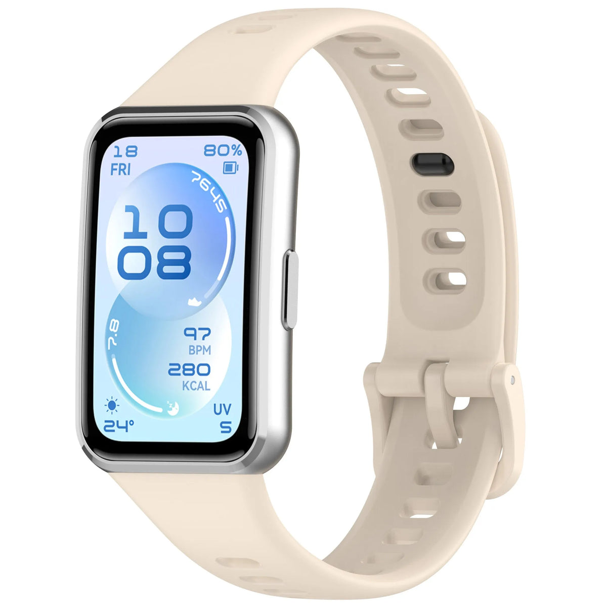 Silicone Strap, beige, on a watch, 3/4 front view