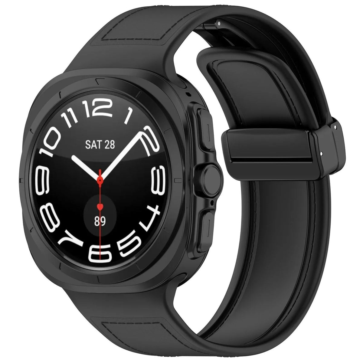 Leather Hybrid Strap, black, on a watch, 3/4 front view