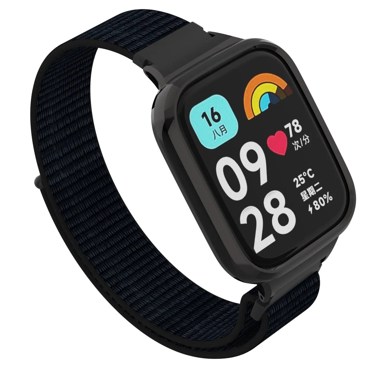 Nylon Strap, black, on a watch, 3/4 front view
