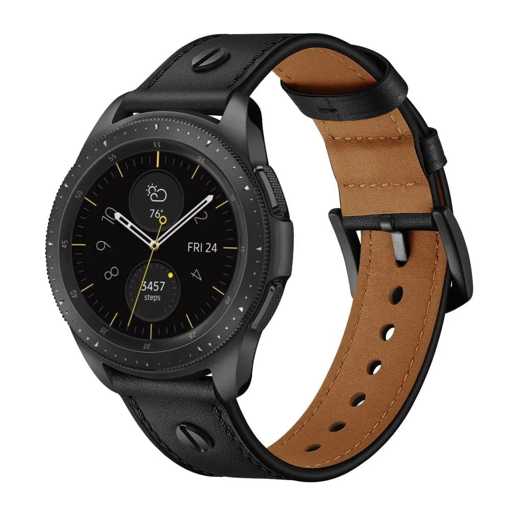 Leather Strap with Screw, black, on a watch, 3/4 front view