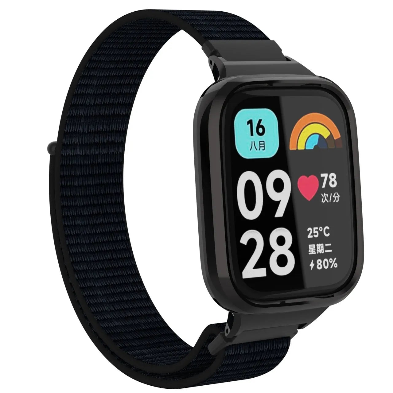 Nylon Strap, black, on a watch, 3/4 front view