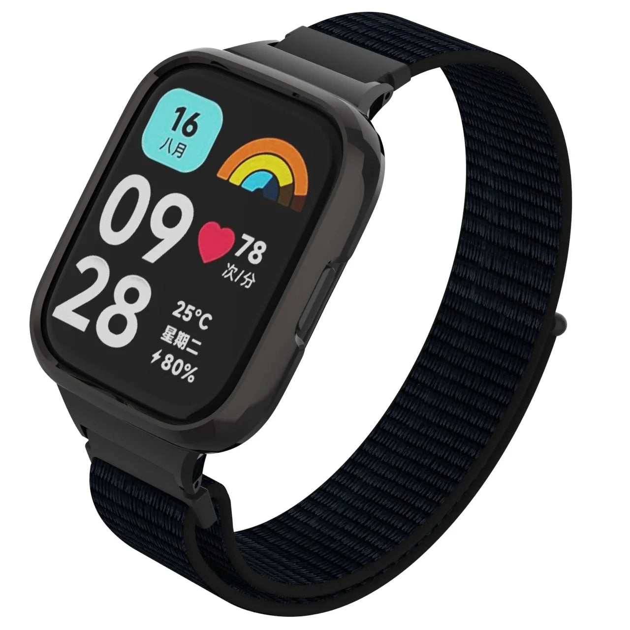 Nylon Strap, black, on a watch, 3/4 front view