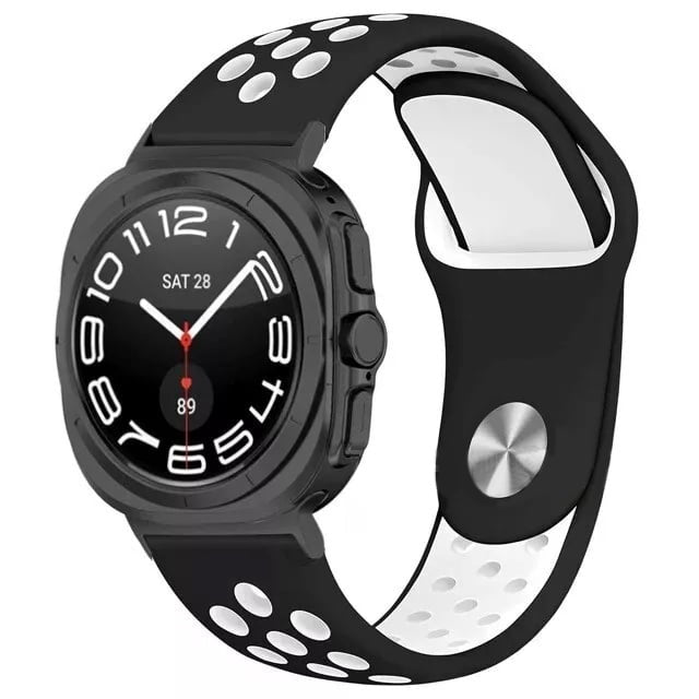 Silicone Sport Strap, black/white, on a watch, 3/4 front view