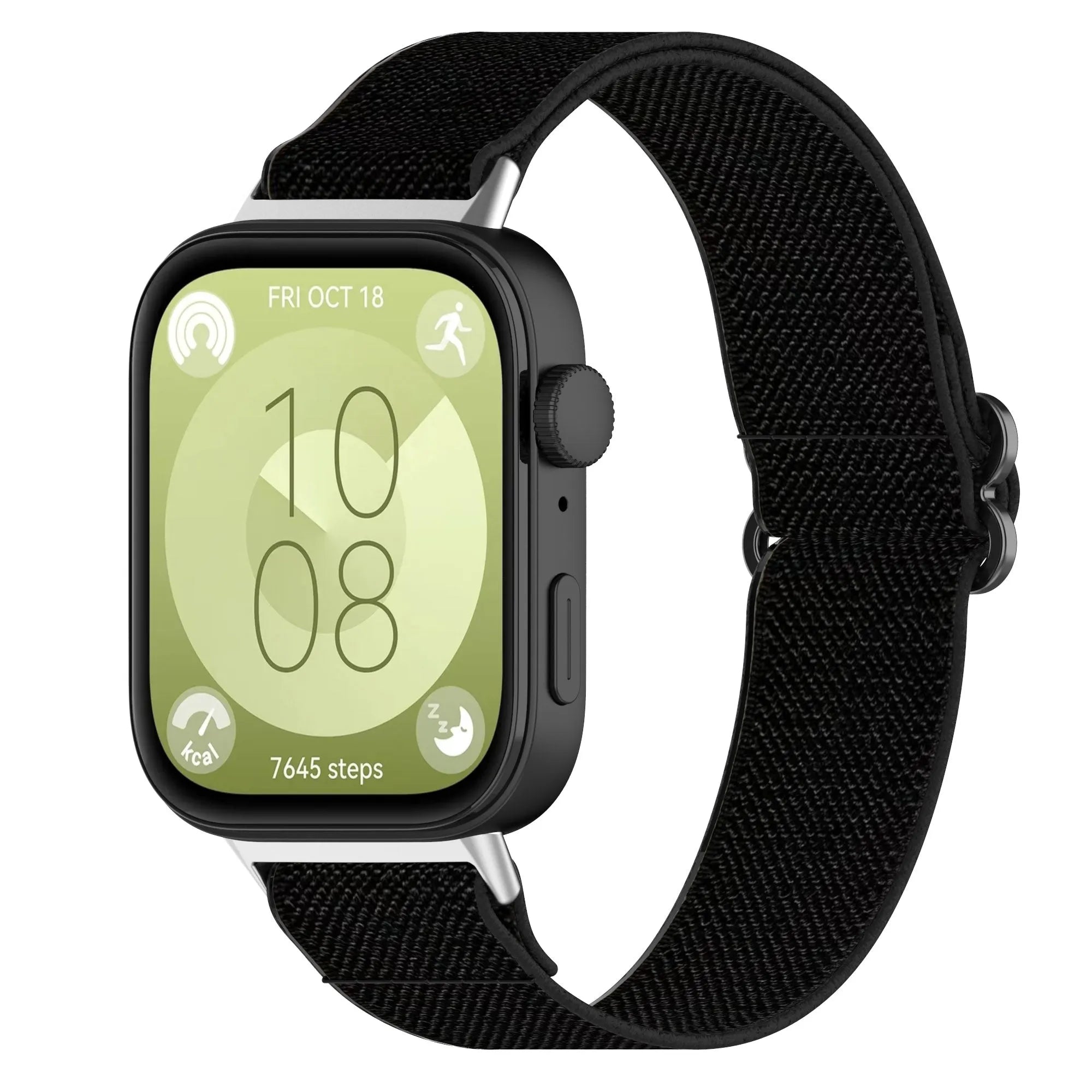 Nylon Elastic Strap, black, on a watch, 3/4 front view
