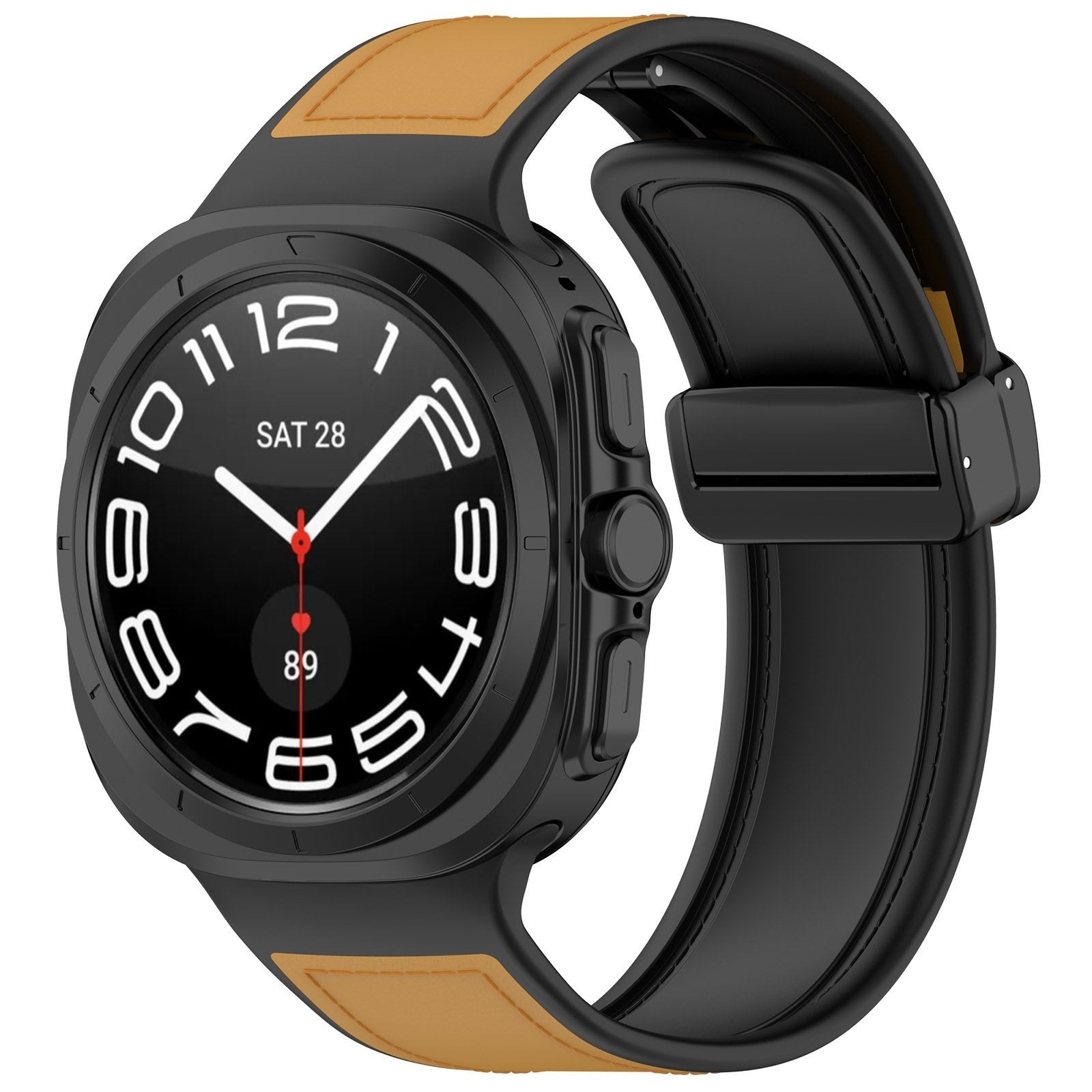 Leather Hybrid Strap, light brown, on a watch, 3/4 front view