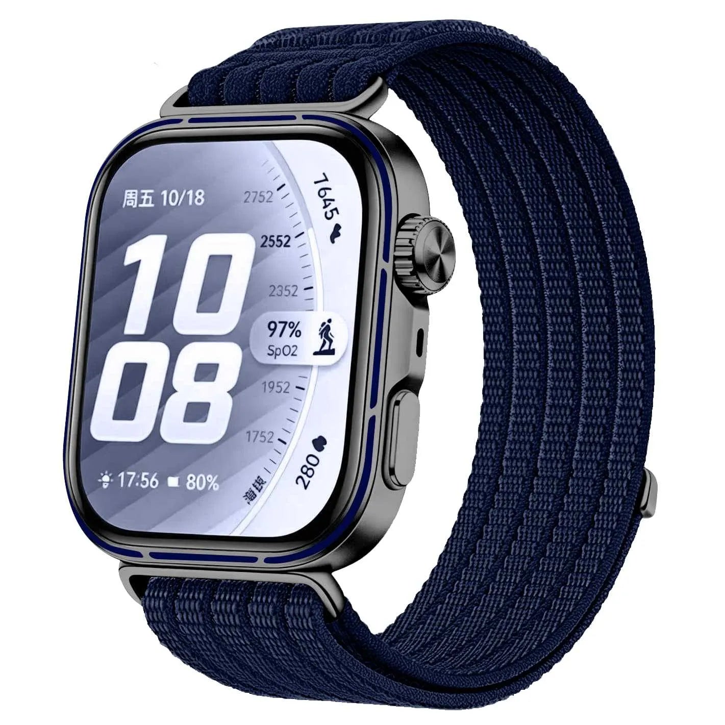 Ultra Thin Nylon Strap, dark blue, on a watch, 3/4 front view